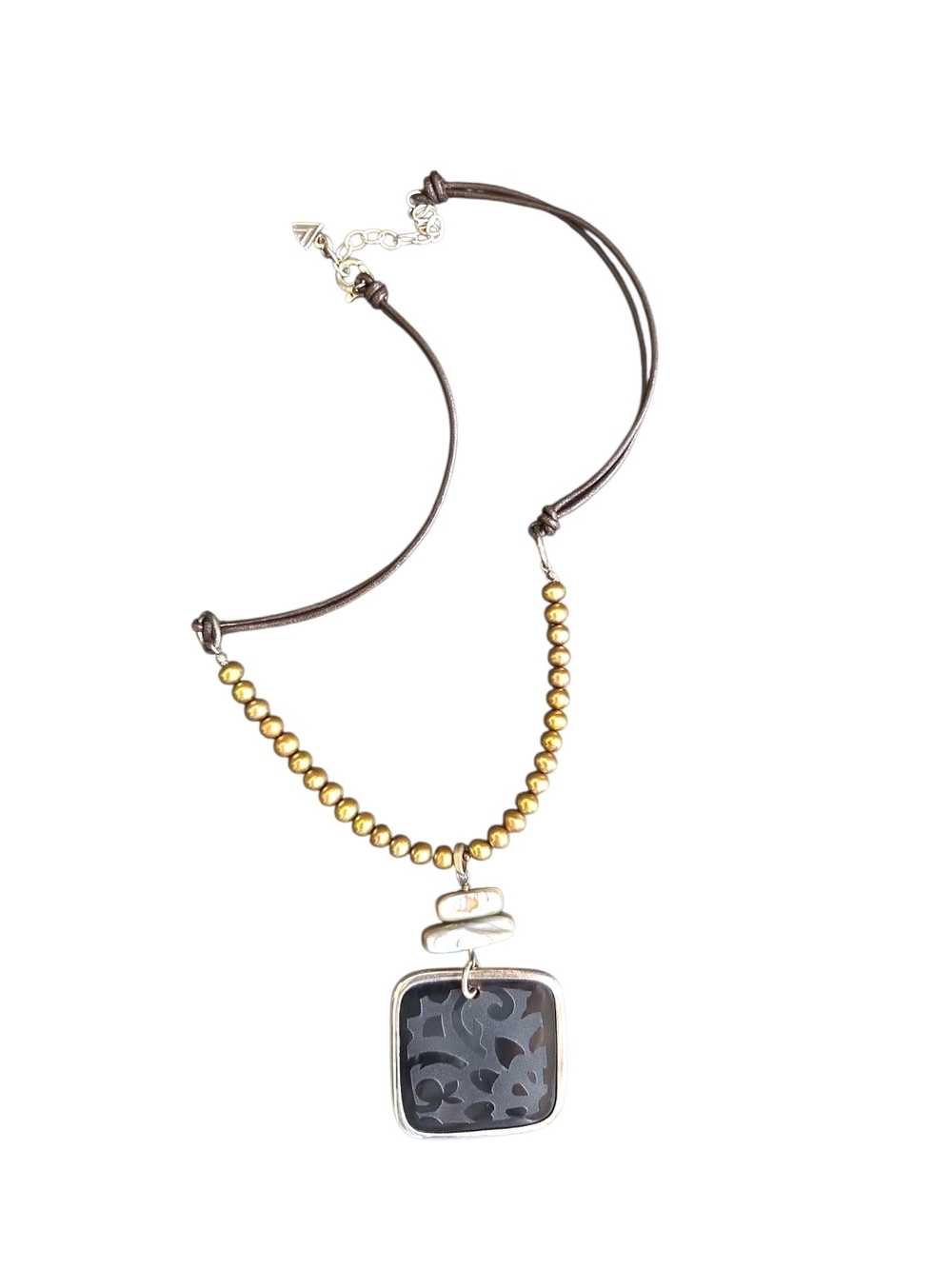 Silpada Gold Necklace ~ Brown Cord + Black Patterned Pendant
